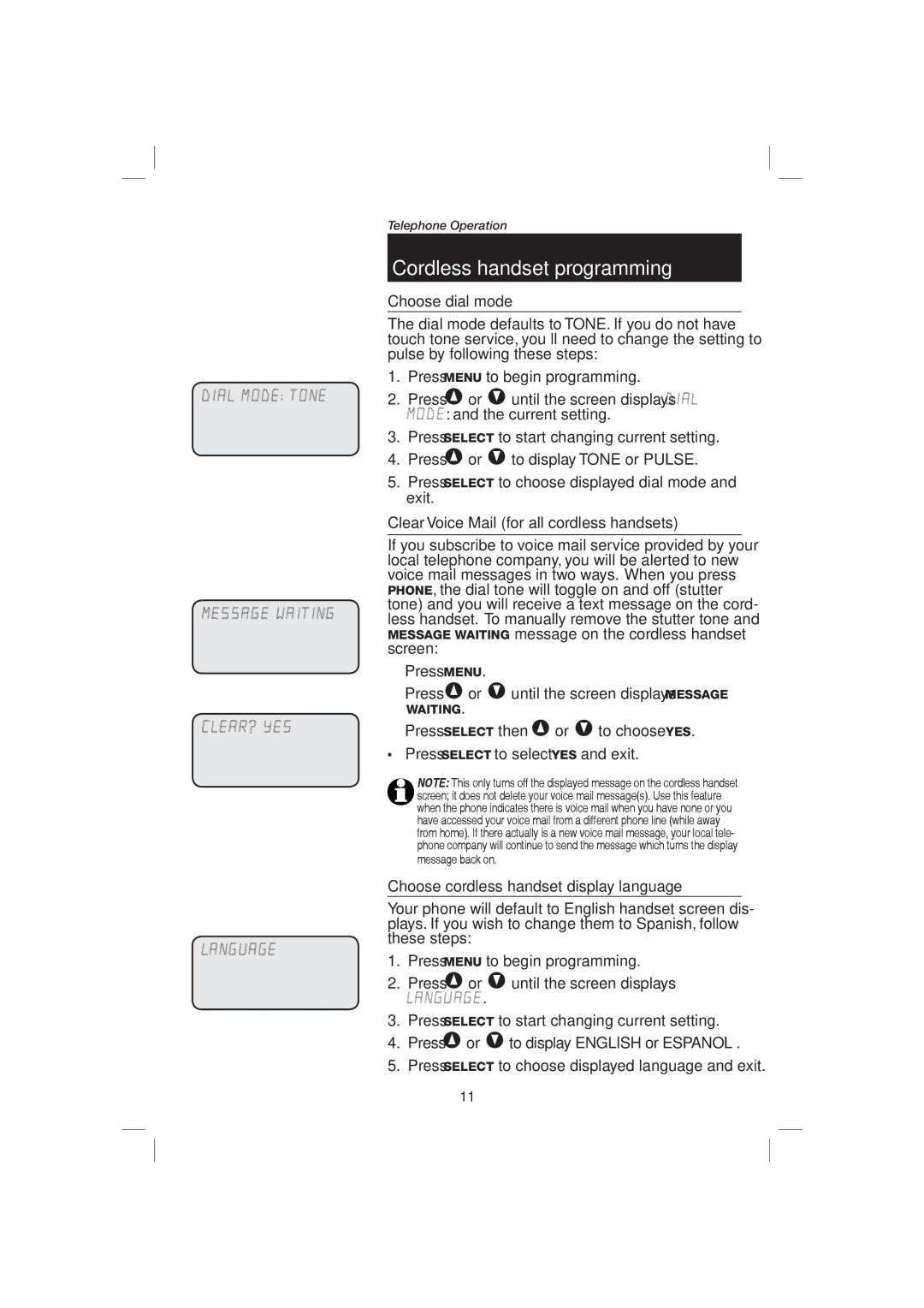 AT&T E2126, E1126 Choose dial mode, Clear Voice Mail for all cordless handsets, Choose cordless handset display language 