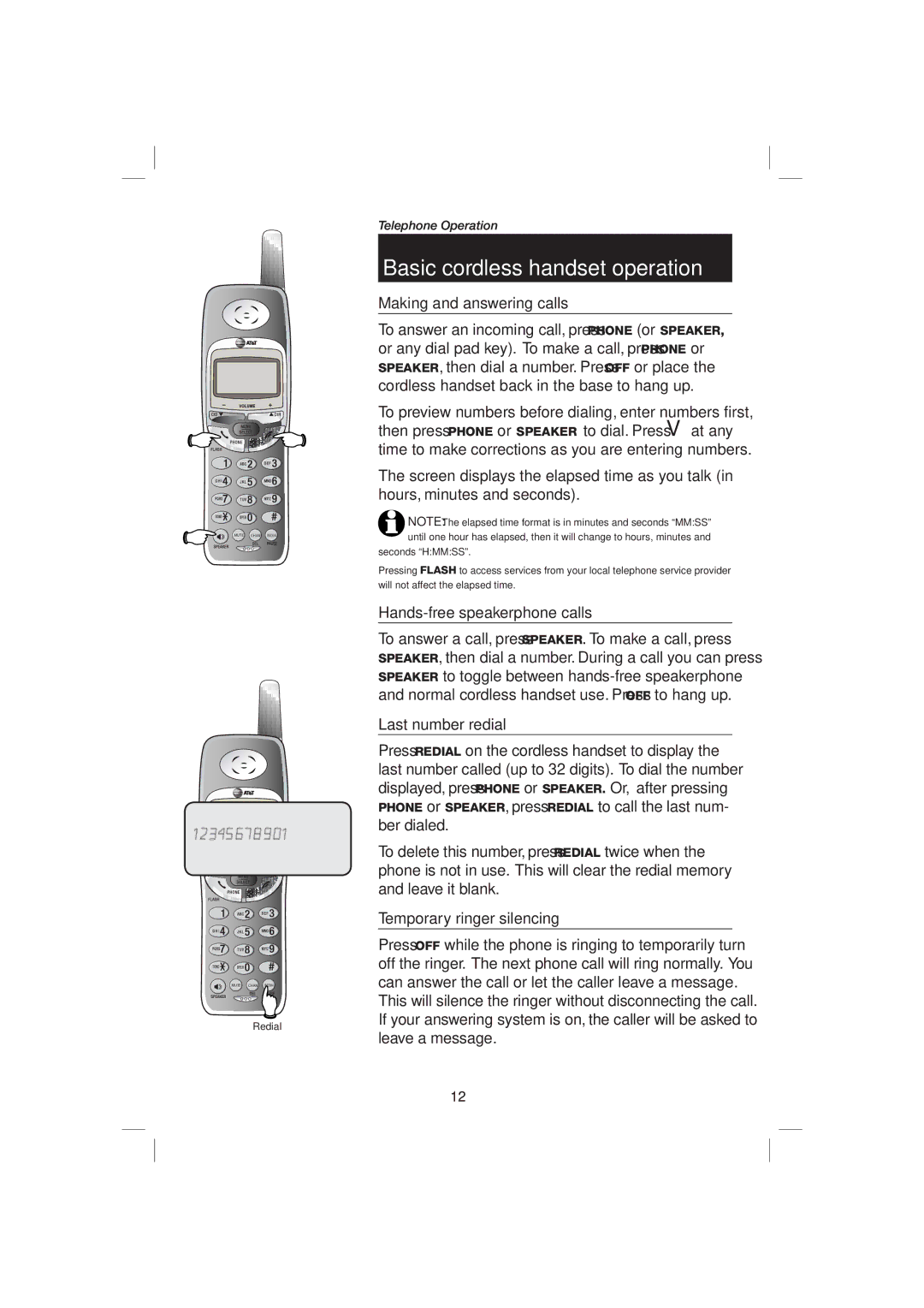 AT&T E1126 Basic cordless handset operation, Making and answering calls, Hands-free speakerphone calls, Last number redial 