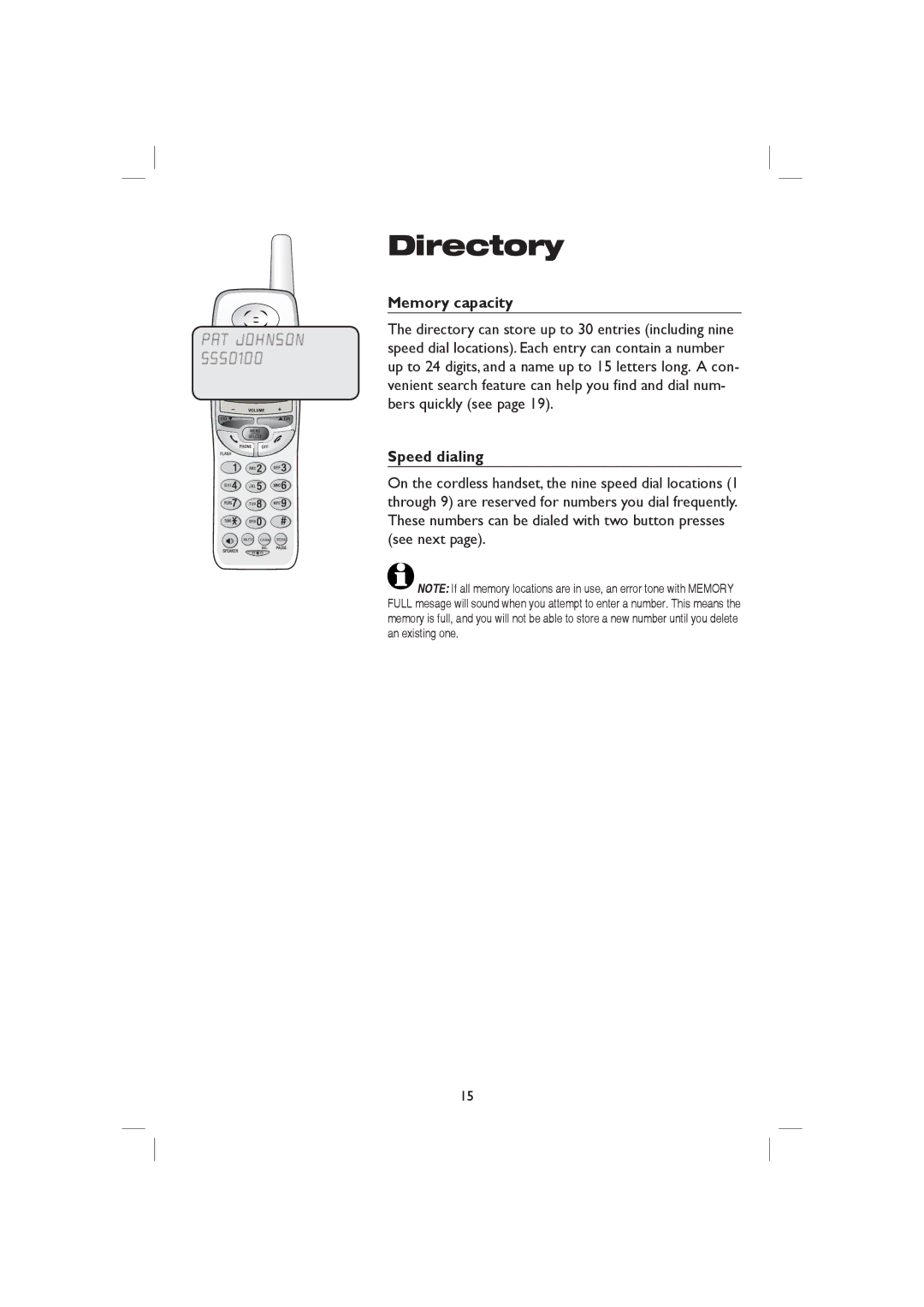 AT&T E2126, E1126 user manual Memory capacity, Speed dialing 