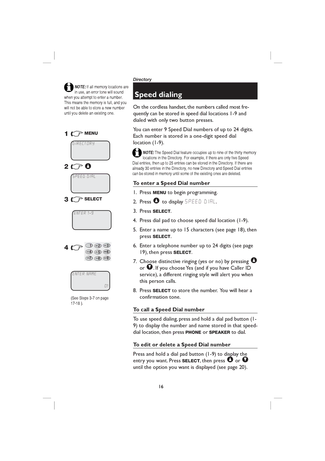 AT&T E1126 Speed dialing, To enter a Speed Dial number, To call a Speed Dial number, To edit or delete a Speed Dial number 