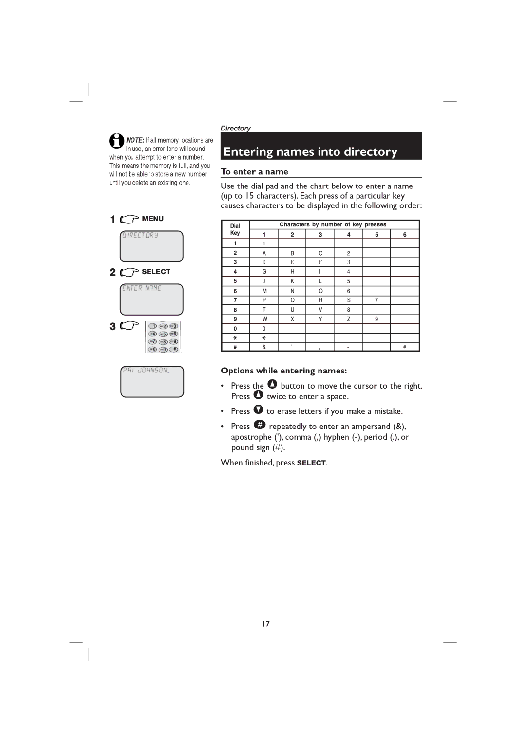 AT&T E2126, E1126 user manual Entering names into directory, To enter a name 