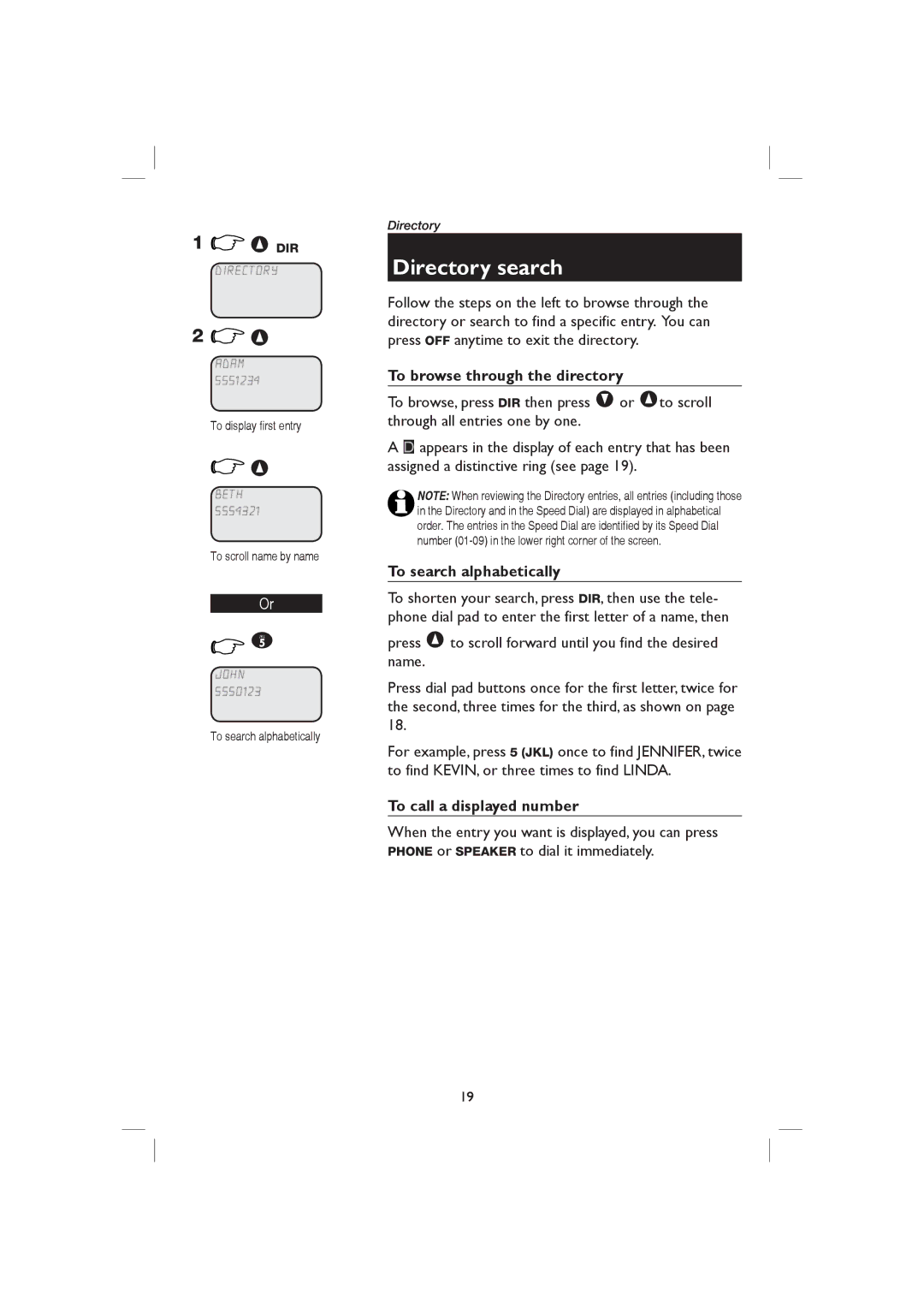 AT&T E2126, E1126 Directory search, To browse through the directory, To search alphabetically, To call a displayed number 