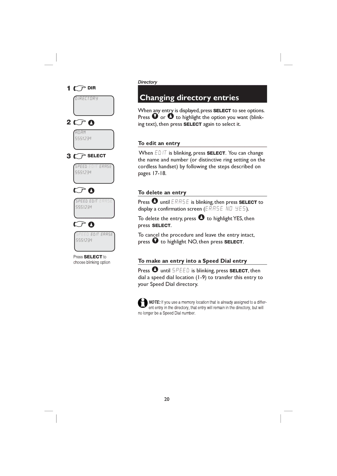 AT&T E1126 Changing directory entries, To edit an entry, To delete an entry, To make an entry into a Speed Dial entry 