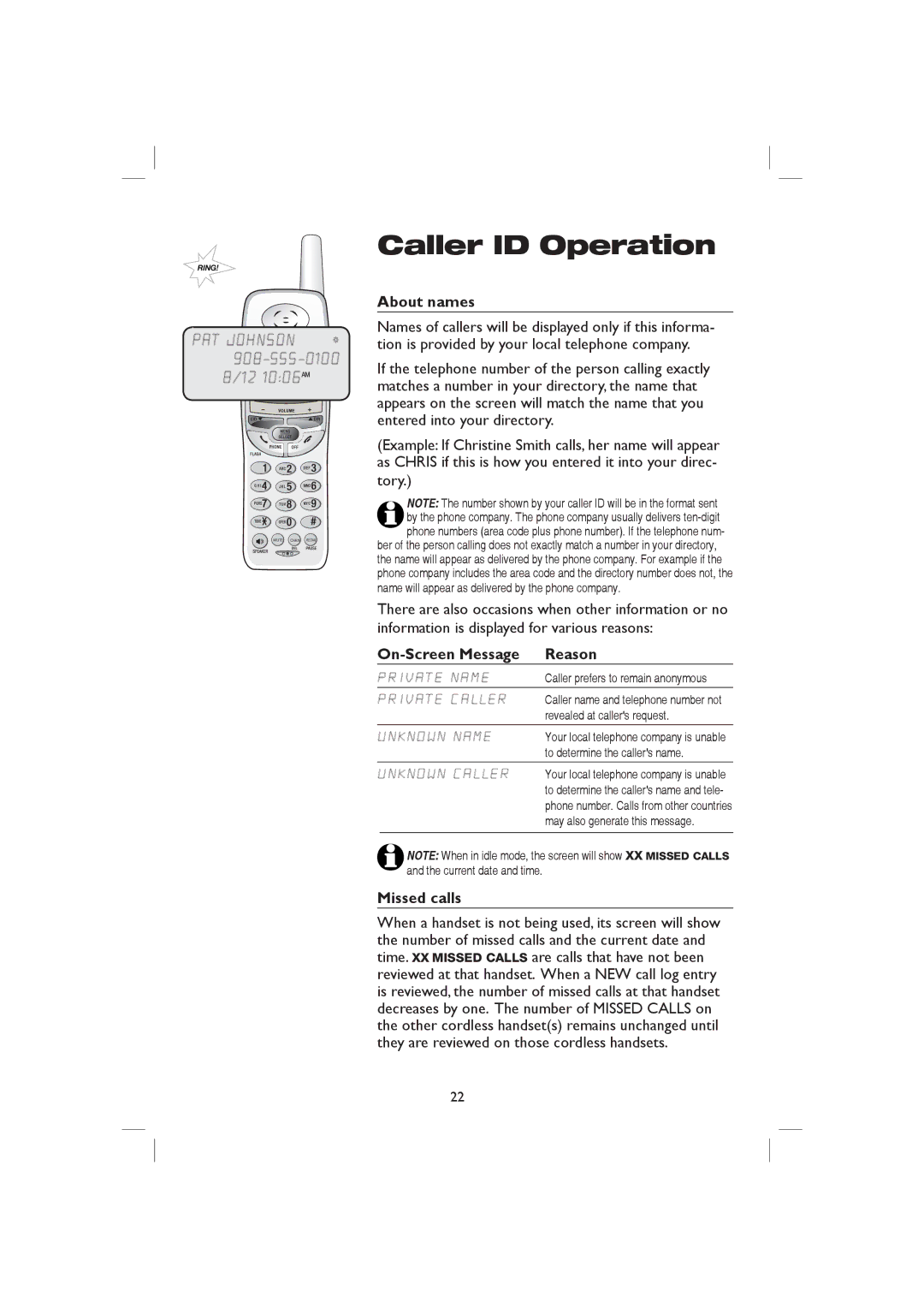 AT&T E1126, E2126 user manual About names, On-Screen Message Reason, Missed calls 