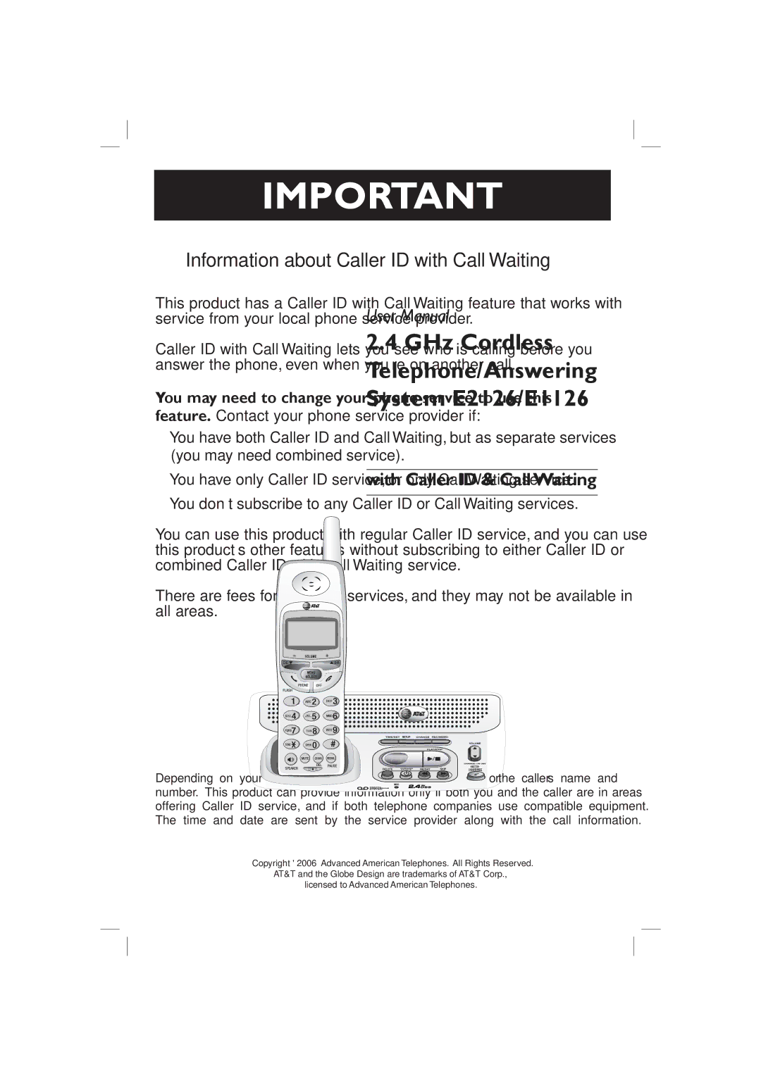 AT&T E2126, E1126 user manual Information about Caller ID with Call Waiting 