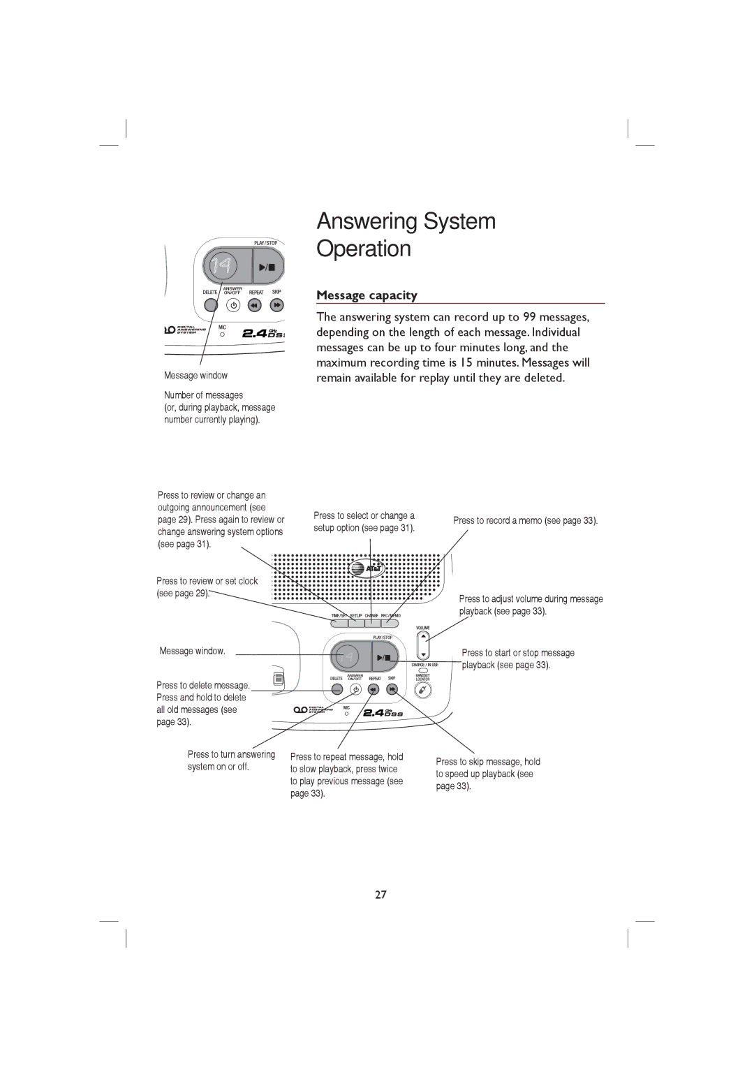 AT&T E2126 Message capacity, Message window Number of messages, Setup option see, See Press to review or set clock see 