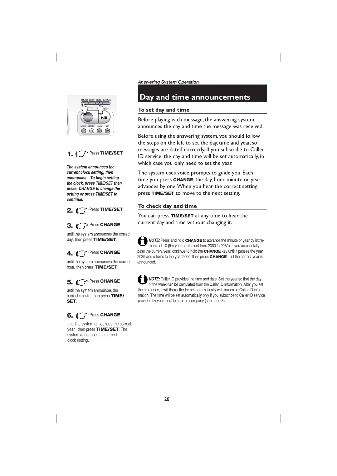 AT&T E1126, E2126 Day and time announcements, To set day and time, To check day and time, Press Change, Clock setting 