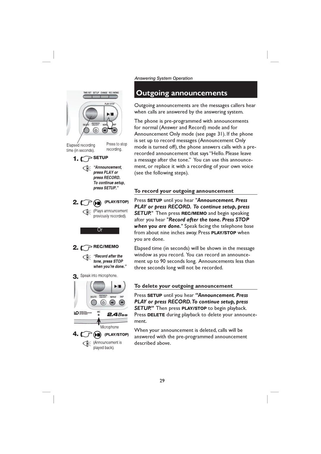 AT&T E2126, E1126 Outgoing announcements, To record your outgoing announcement, To delete your outgoing announcement 