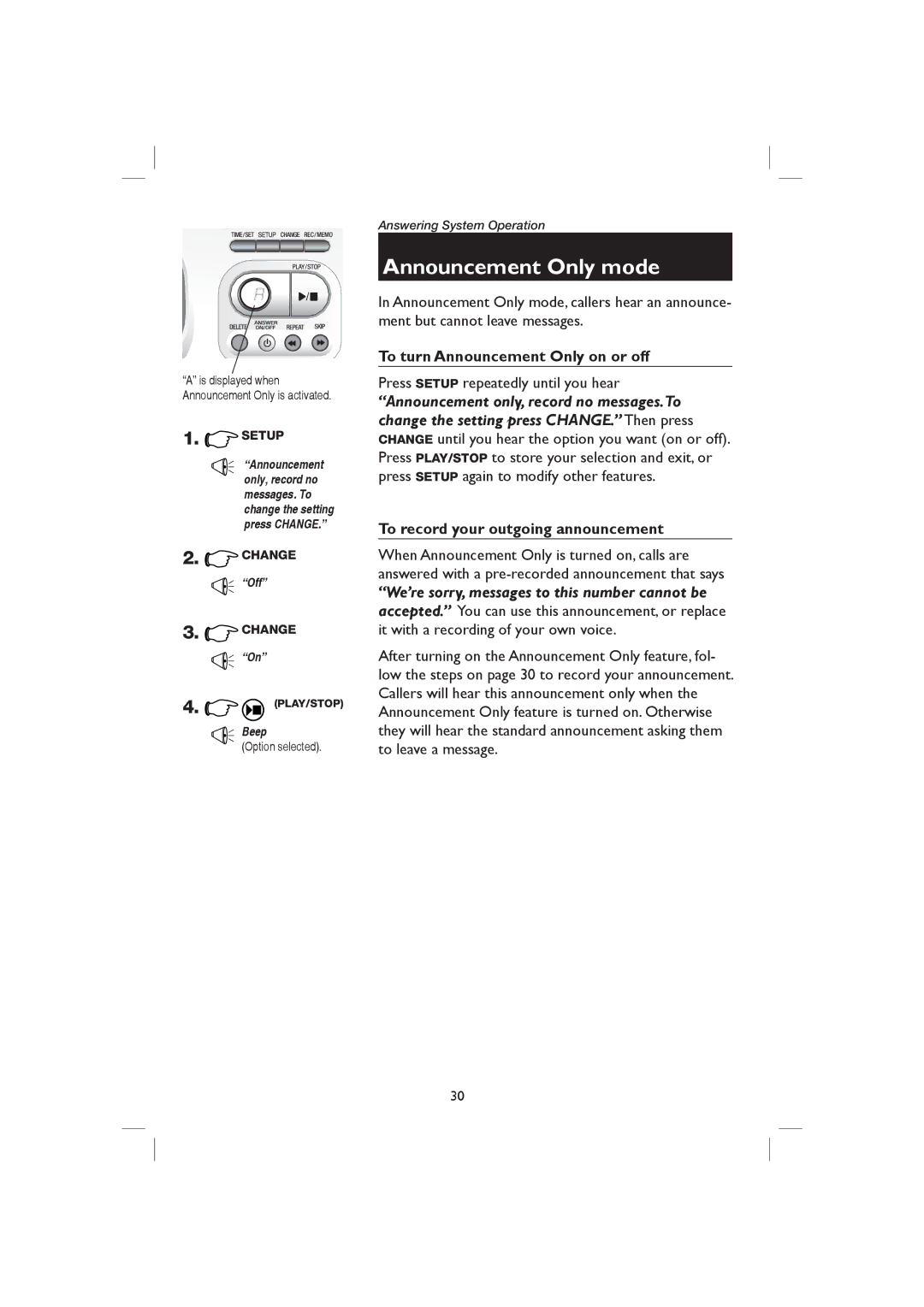 AT&T E1126, E2126 user manual Announcement Only mode, To turn Announcement Only on or off, Option selected 