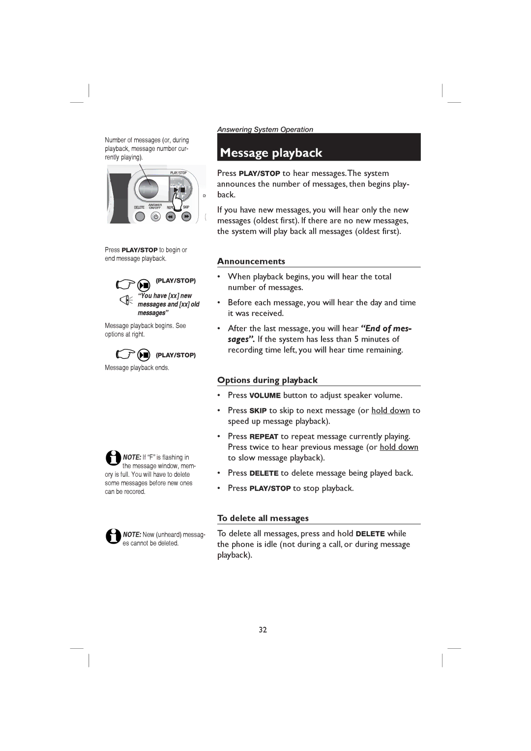 AT&T E1126, E2126 user manual Announcements, Options during playback, To delete all messages, Message playback ends 