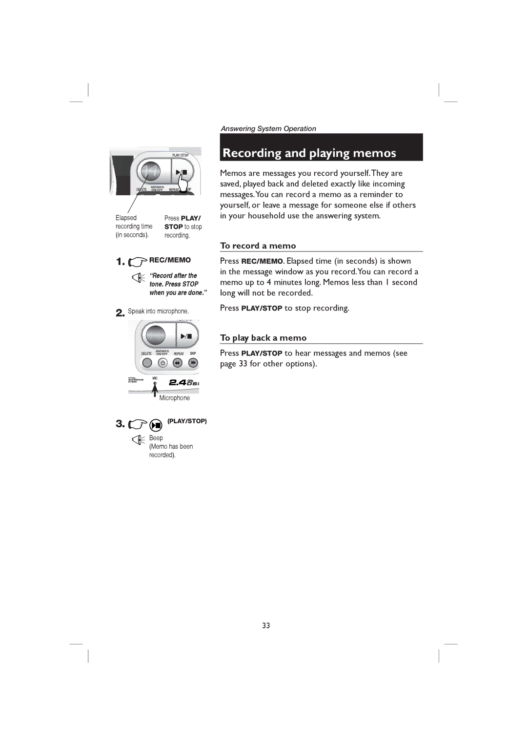 AT&T E2126, E1126 user manual Recording and playing memos, To record a memo, To play back a memo 