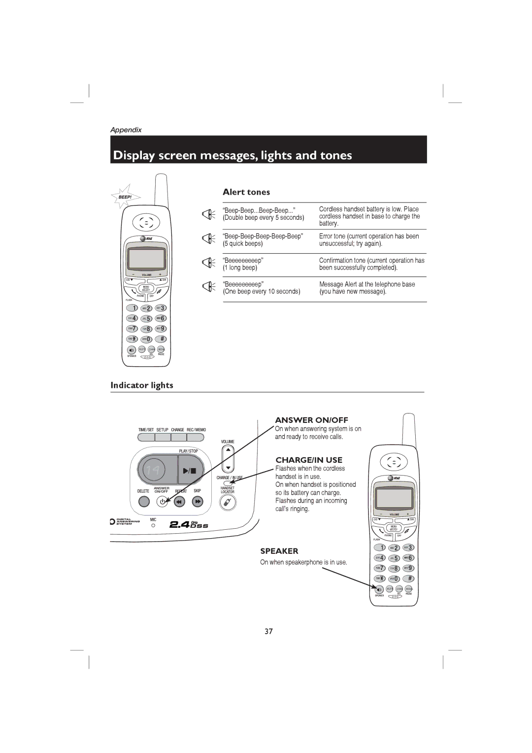 AT&T E2126, E1126 user manual Alert tones, Indicator lights 