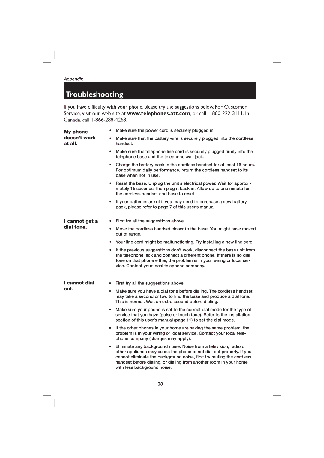 AT&T E1126, E2126 user manual Troubleshooting, My phone doesn’t work at all 