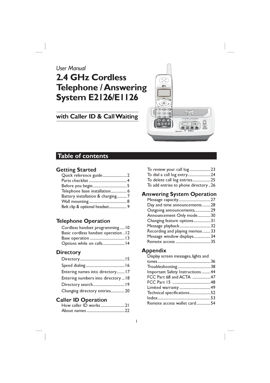 AT&T user manual System E2126/E1126, Table of contents 