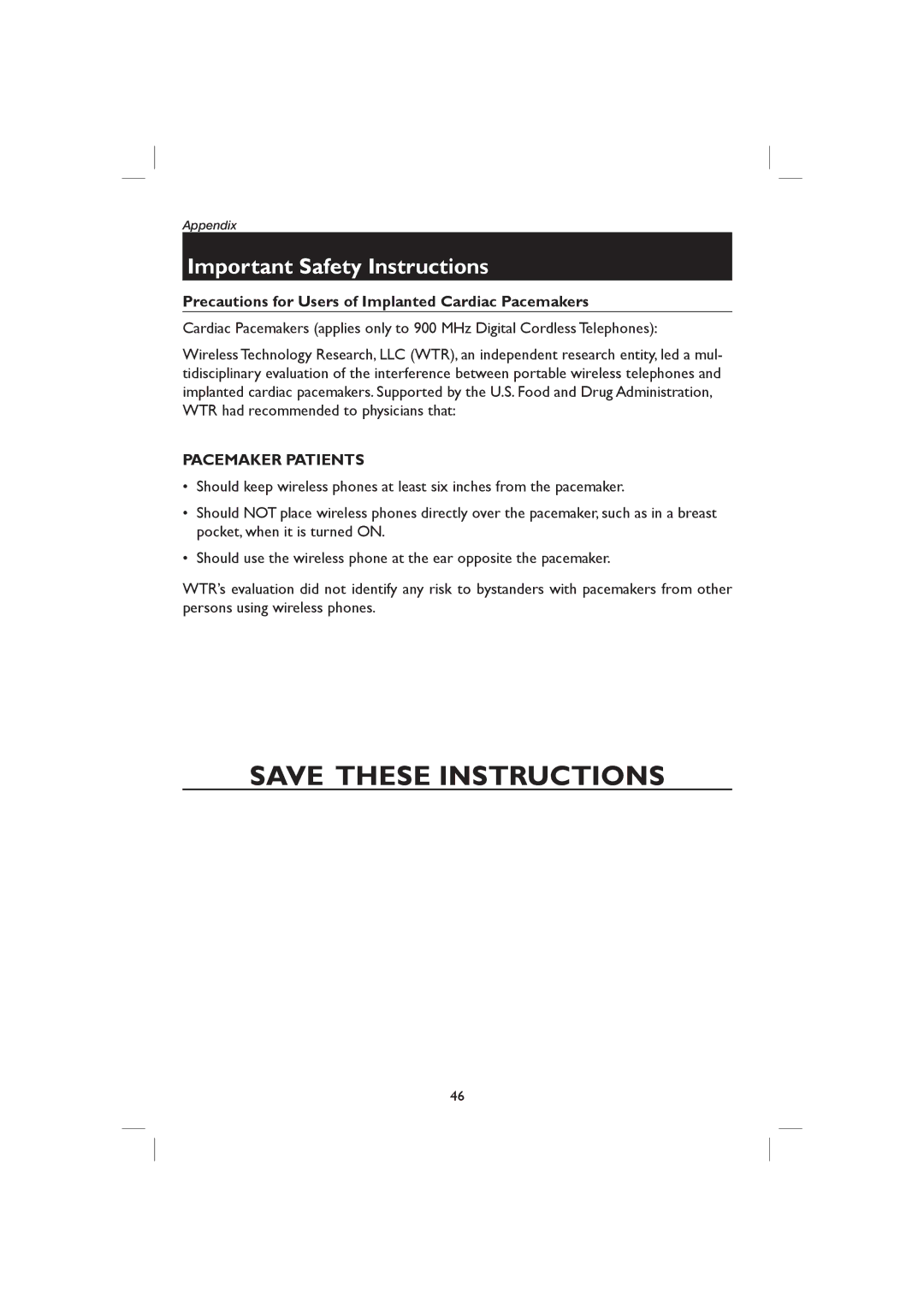 AT&T E1126, E2126 user manual Precautions for Users of Implanted Cardiac Pacemakers, Pacemaker Patients 