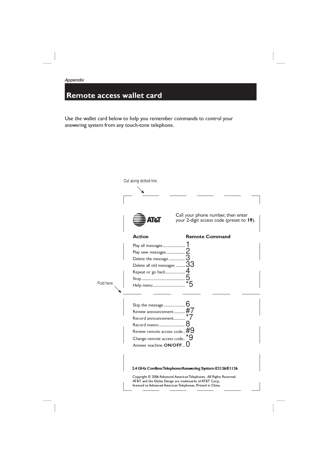 AT&T E1126, E2126 user manual Remote access wallet card, Cut along dotted line, Fold here 