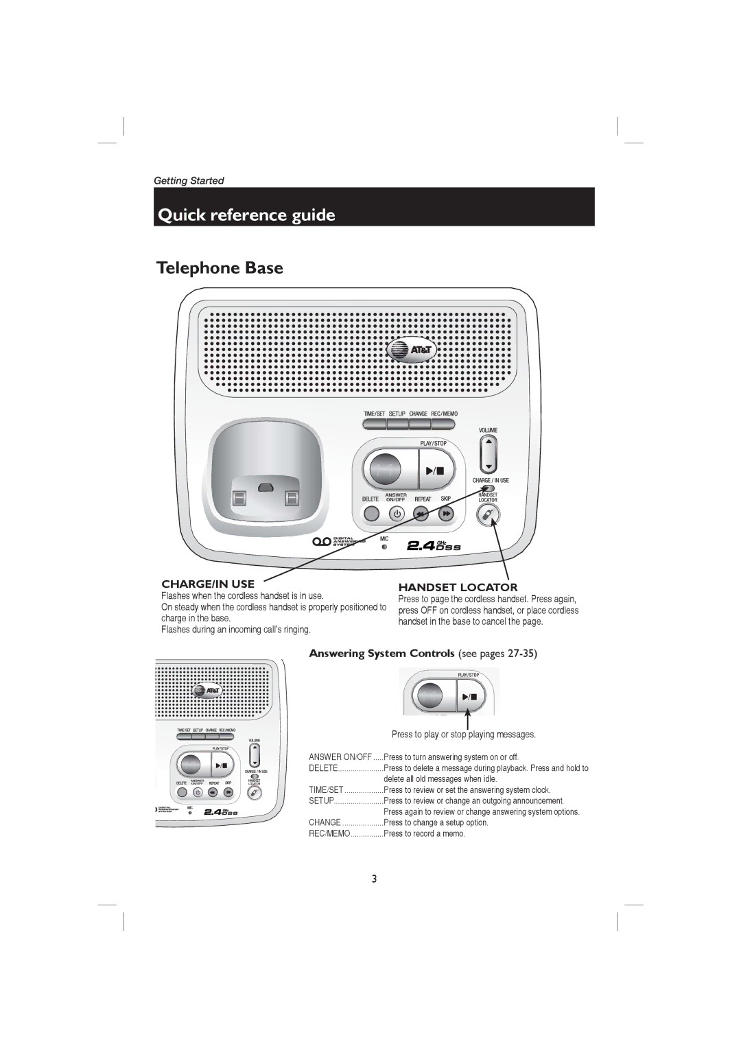 AT&T E2126, E1126 user manual Telephone Base, Playing messages 