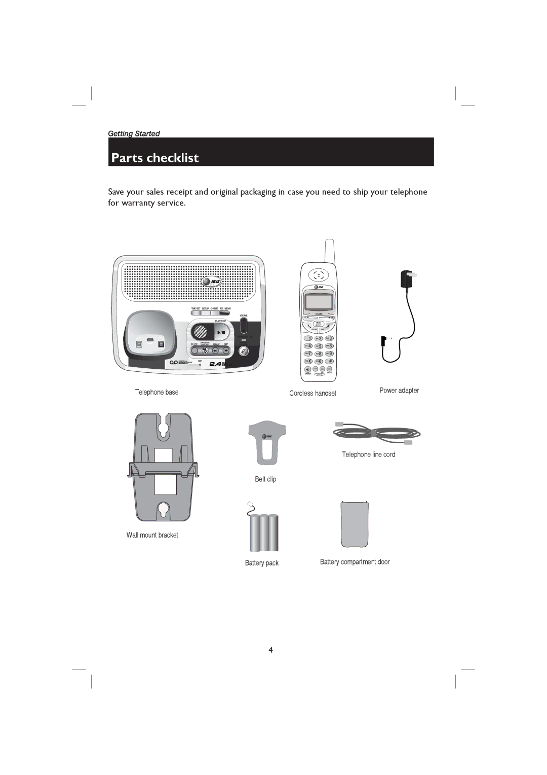 AT&T E1126, E2126 user manual Parts checklist, Telephone base 