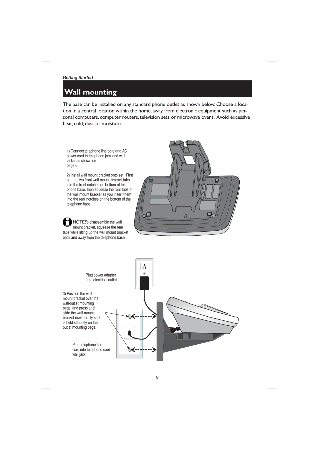 AT&T E1128B, E2728B user manual Wall mounting, Plug telephone line cord into telephone cord wall jack 