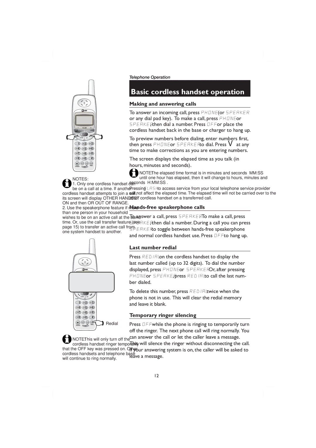 AT&T E1128B, E2728B user manual Basic cordless handset operation, Making and answering calls, Hands-free speakerphone calls 