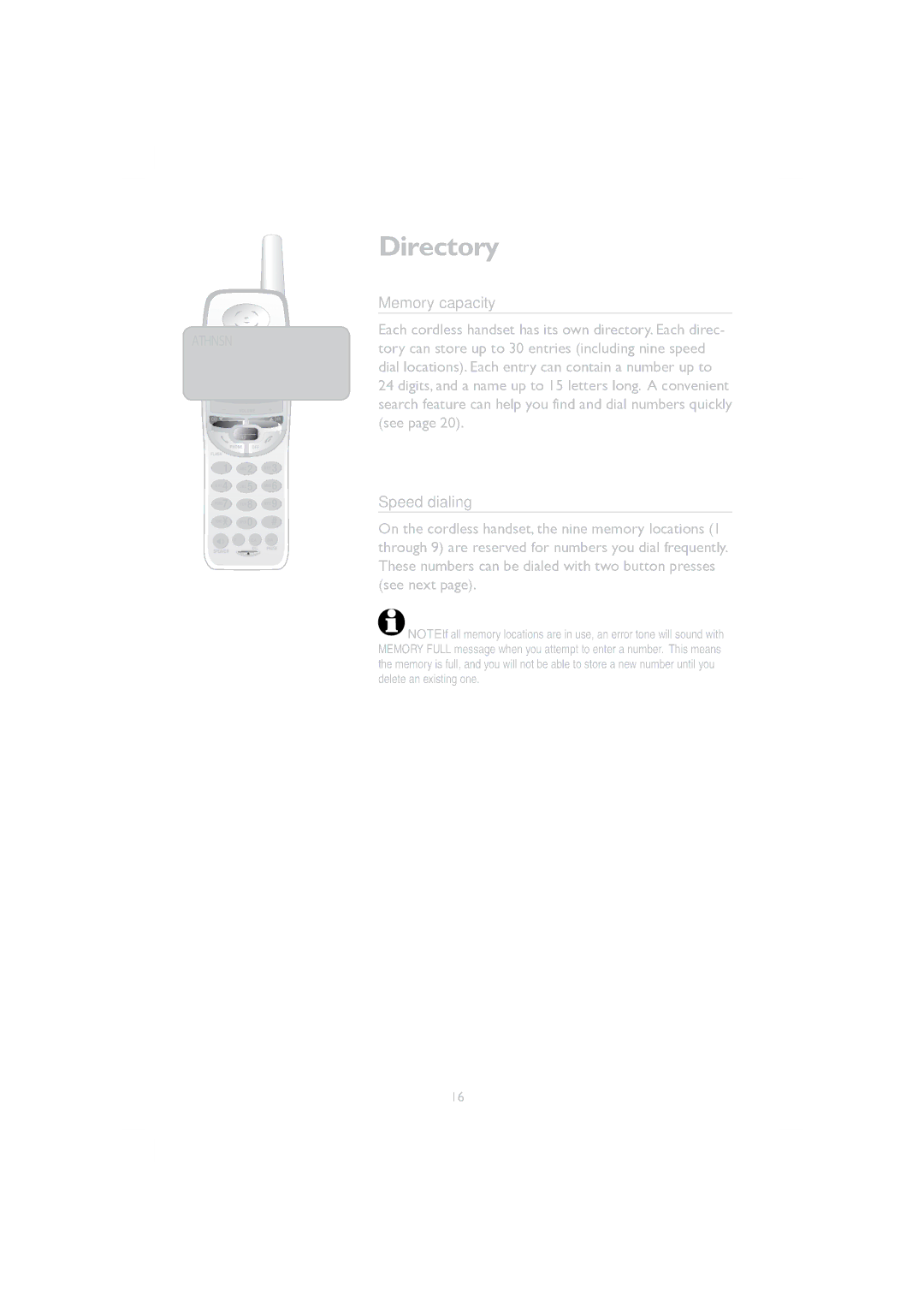 AT&T E1128B, E2728B user manual Memory capacity, Speed dialing 