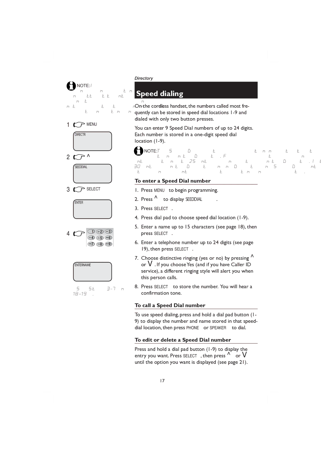 AT&T E2728B, E1128B user manual Speed dialing, To enter a Speed Dial number, To call a Speed Dial number, See Steps 3-7 on 