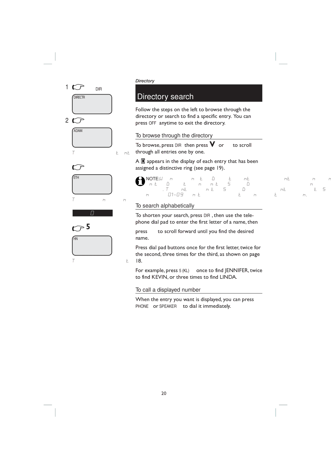 AT&T E1128B Directory search, To browse through the directory, To search alphabetically, To call a displayed number 