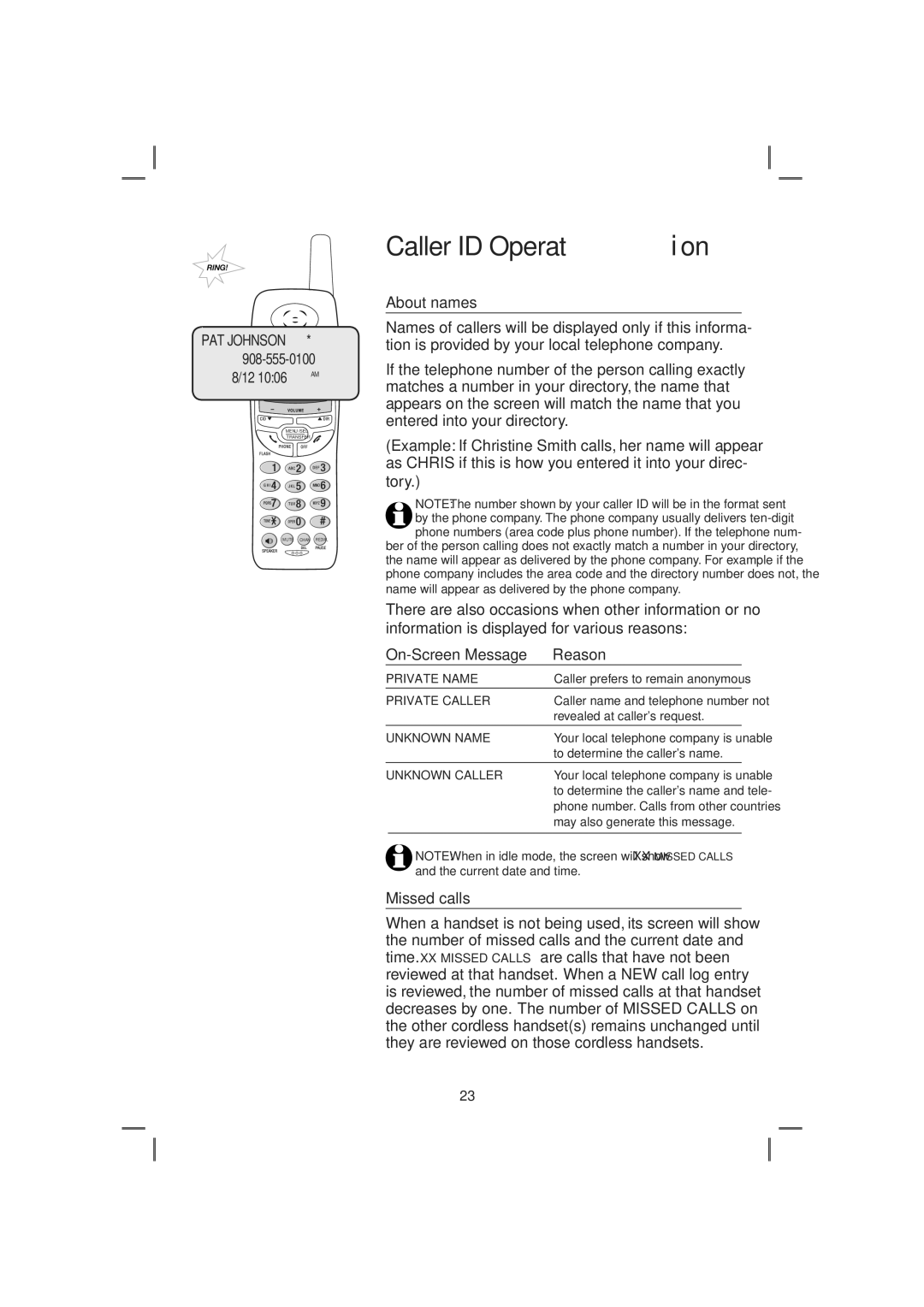 AT&T E2728B, E1128B user manual About names, On-Screen Message Reason, Missed calls 