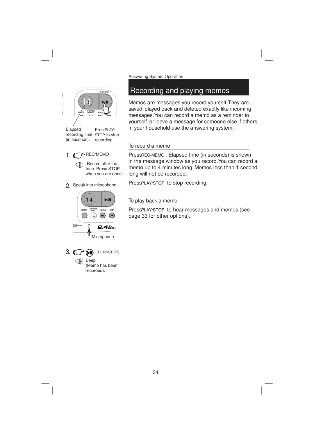 AT&T E1128B, E2728B user manual Recording and playing memos, To record a memo, To play back a memo 