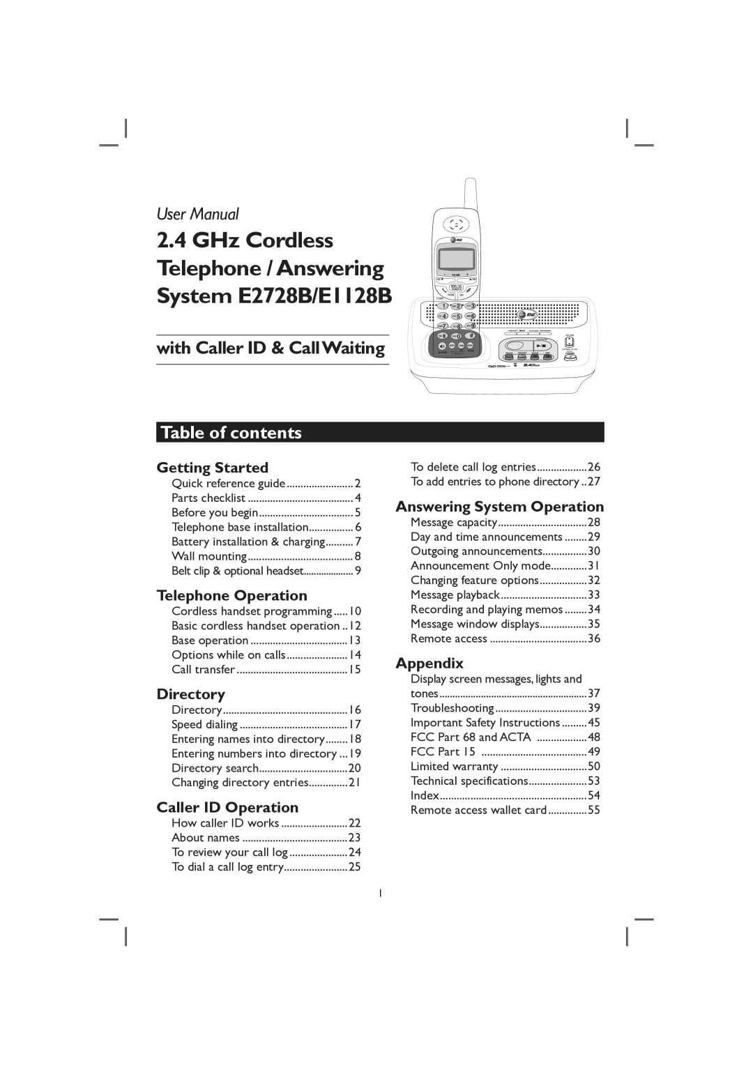 AT&T user manual GHz Cordless Telephone / Answering System E2728B/E1128B, Table of contents 