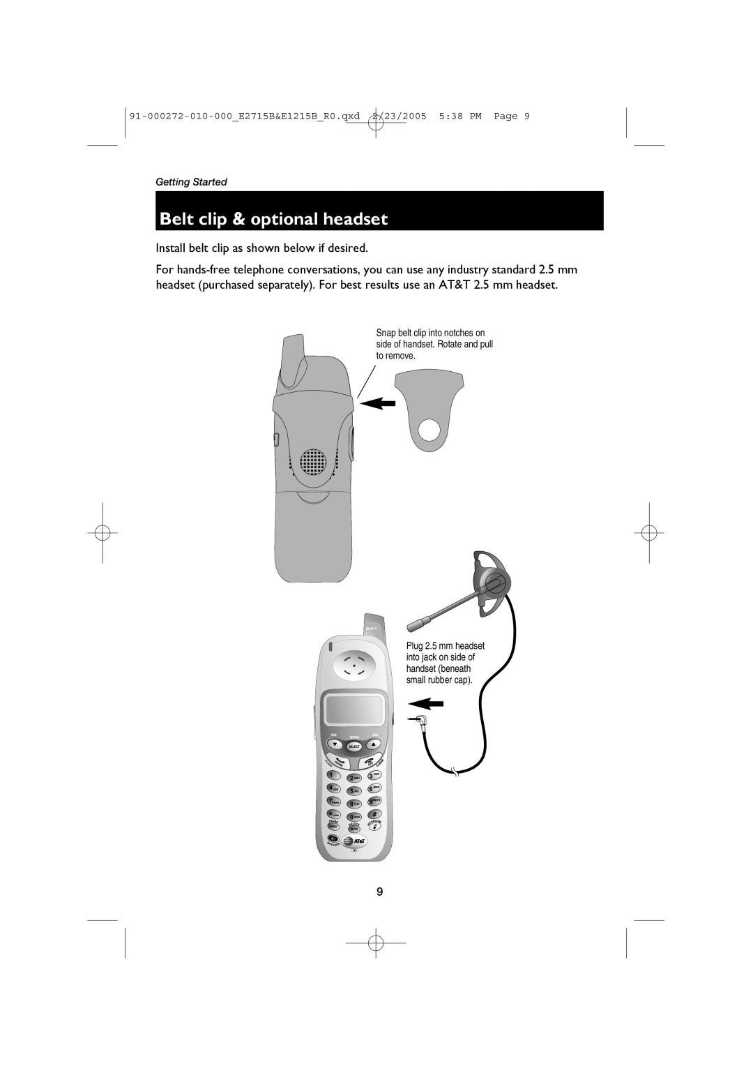 AT&T E2715B, E1215B user manual Belt clip & optional headset, Install belt clip as shown below if desired 