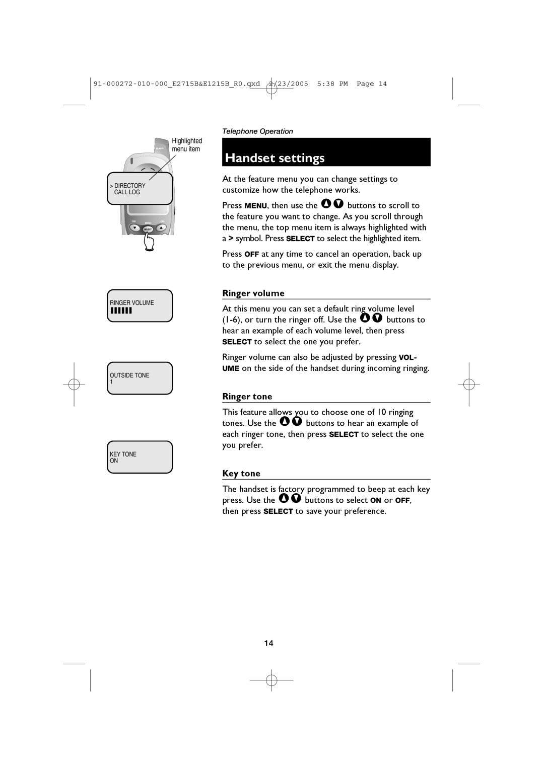 AT&T E1215B, E2715B user manual Handset settings, Ringer volume, Ringer tone, Key tone 