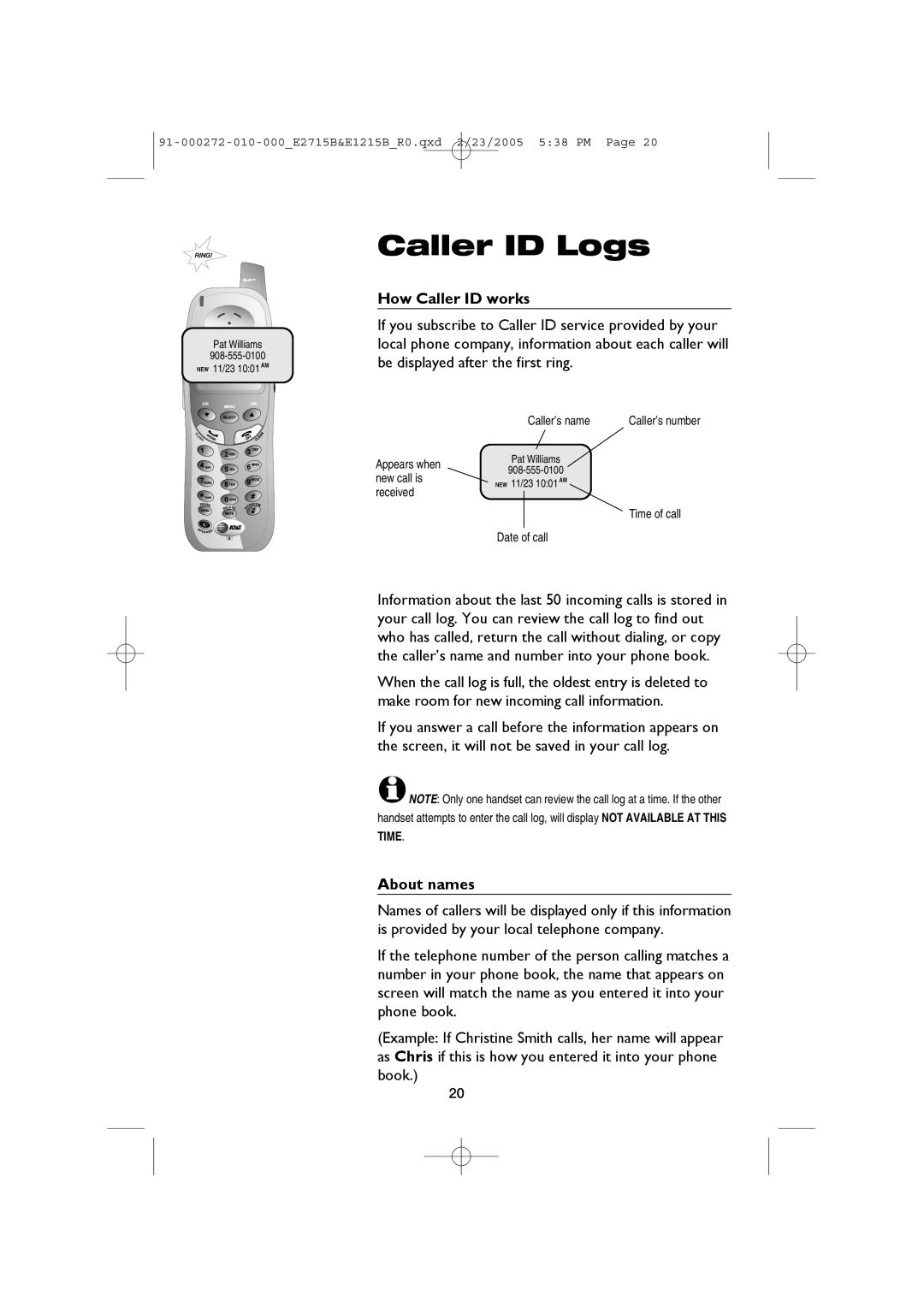 AT&T E1215B, E2715B user manual How Caller ID works, About names 