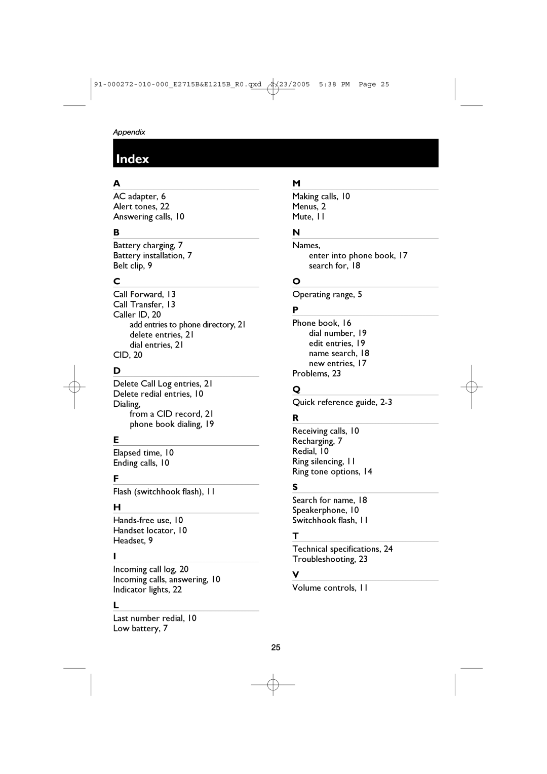 AT&T E2715B, E1215B user manual Index 