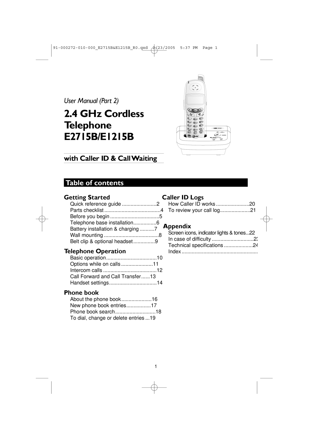 AT&T user manual GHz Cordless Telephone E2715B/E1215B, Table of contents 