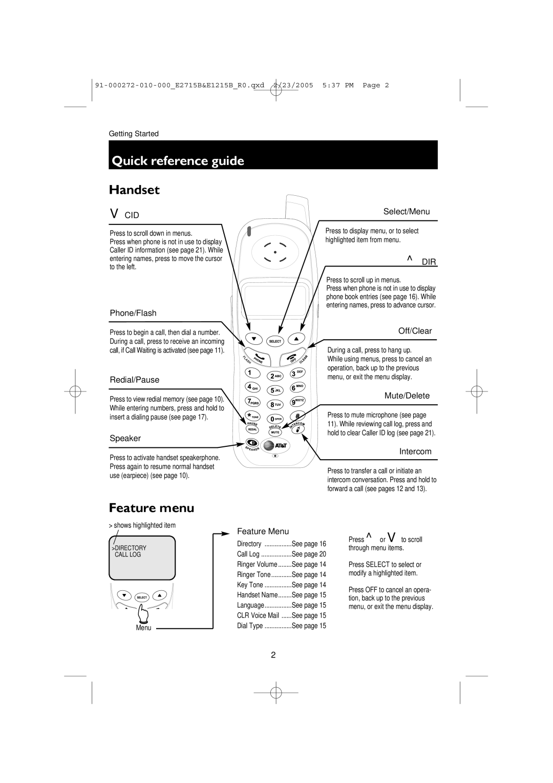 AT&T E1215B, E2715B user manual Quick reference guide, Handset 