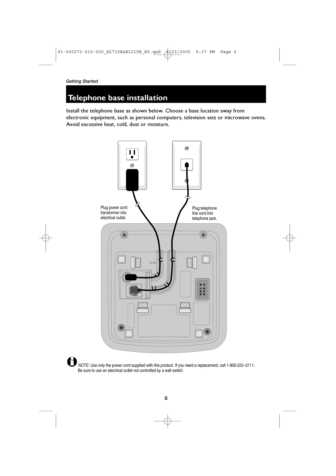 AT&T E1215B, E2715B user manual Telephone base installation 