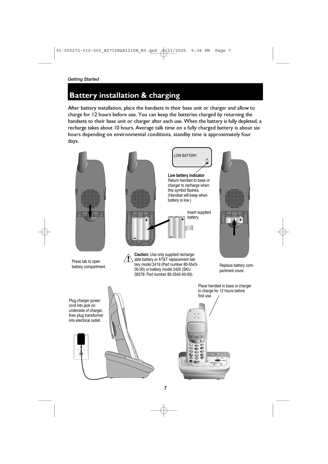 AT&T E2715B, E1215B user manual Battery installation & charging, LOW Battery 