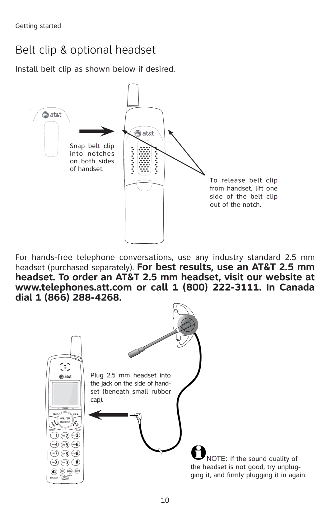 AT&T E1813B, E1814B, E1812B, E5812B, E5814B, E5813B Belt clip & optional headset, Install belt clip as shown below if desired 