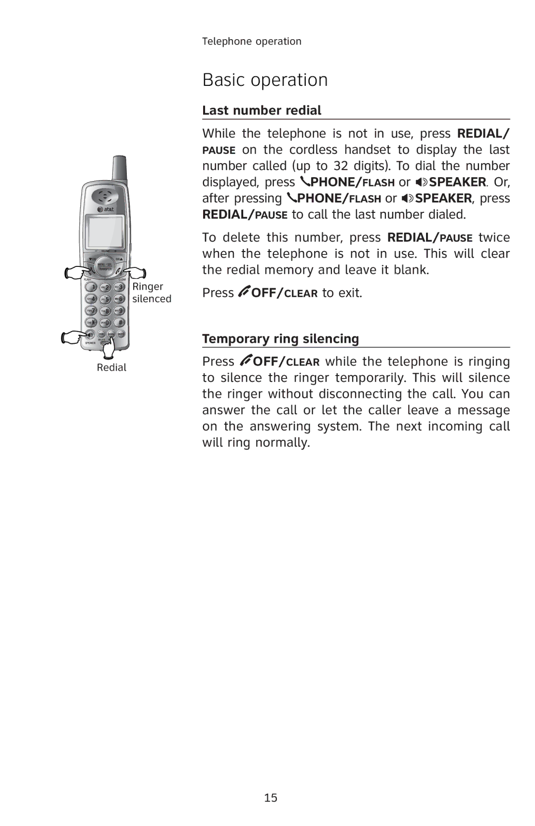 AT&T E1814B, E1813B, E1812B, E5812B Last number redial, Press OFF/CLEAR’ƒ–‡’Ɠ, Temporary ring silencing, ‡Œ…ƒ, ƒ‚‡Š 