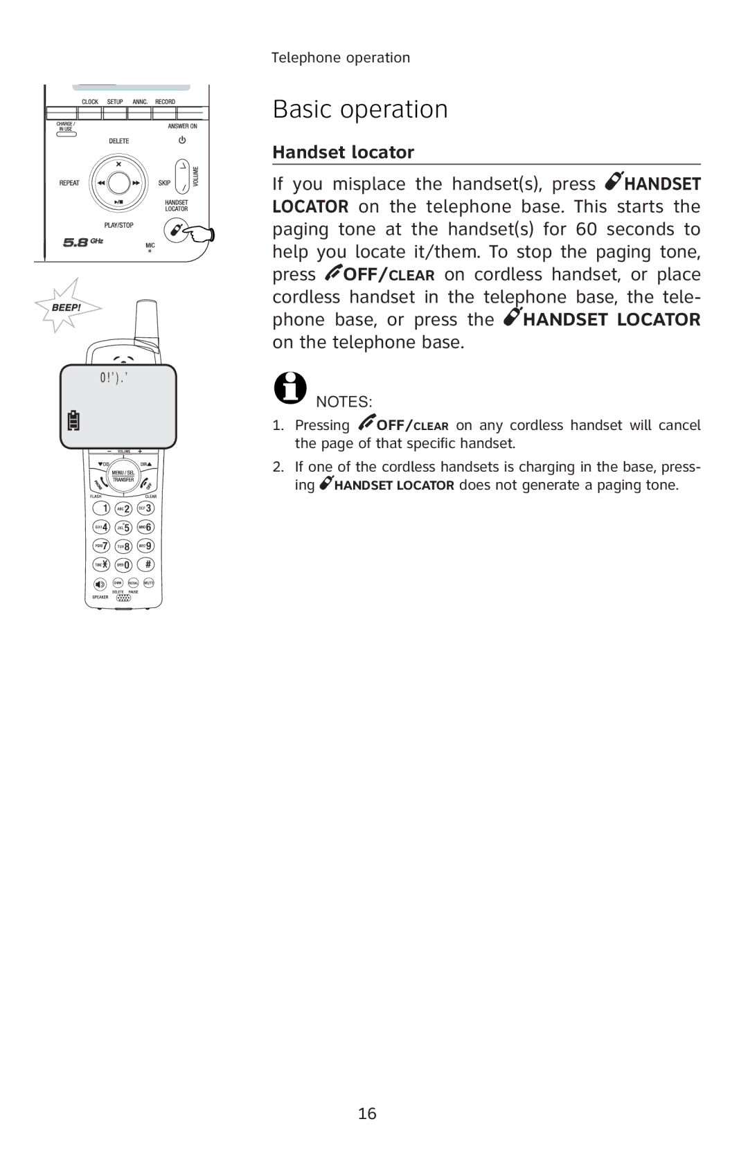 AT&T E1813B, E1814B, E1812B, E5812B, E5814B, E5813B user manual Basic operation, Handset locator 