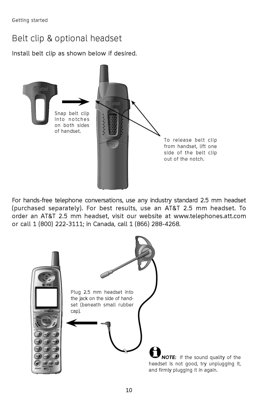 AT&T E1802B, E1833B, E5833B, E5802B user manual Belt clip & optional headset, Install belt clip as shown below if desired 