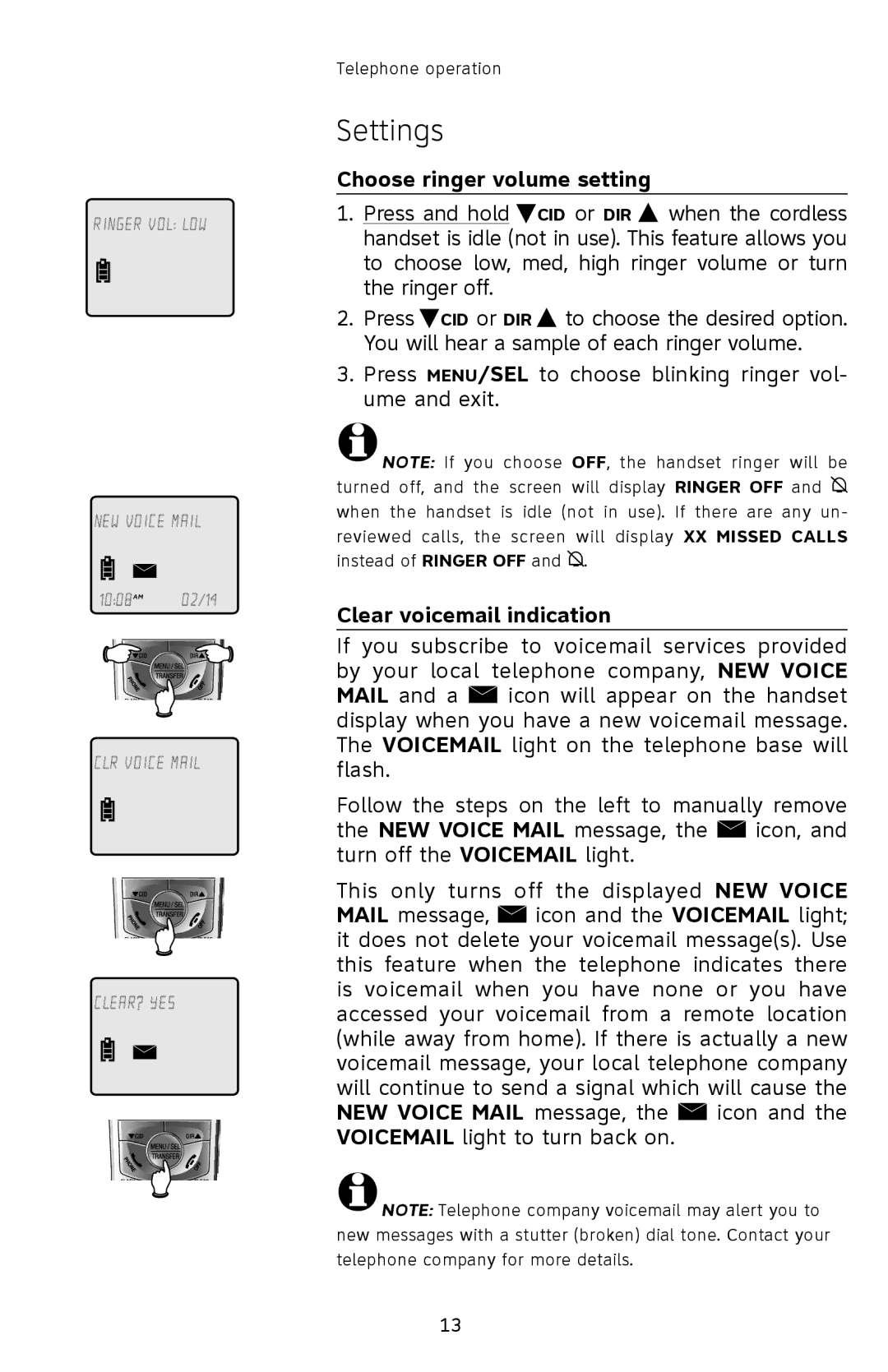 AT&T E1833B, E1802B, E5833B, E5802B user manual Choose ringer volume setting, Clear voicemail indication 