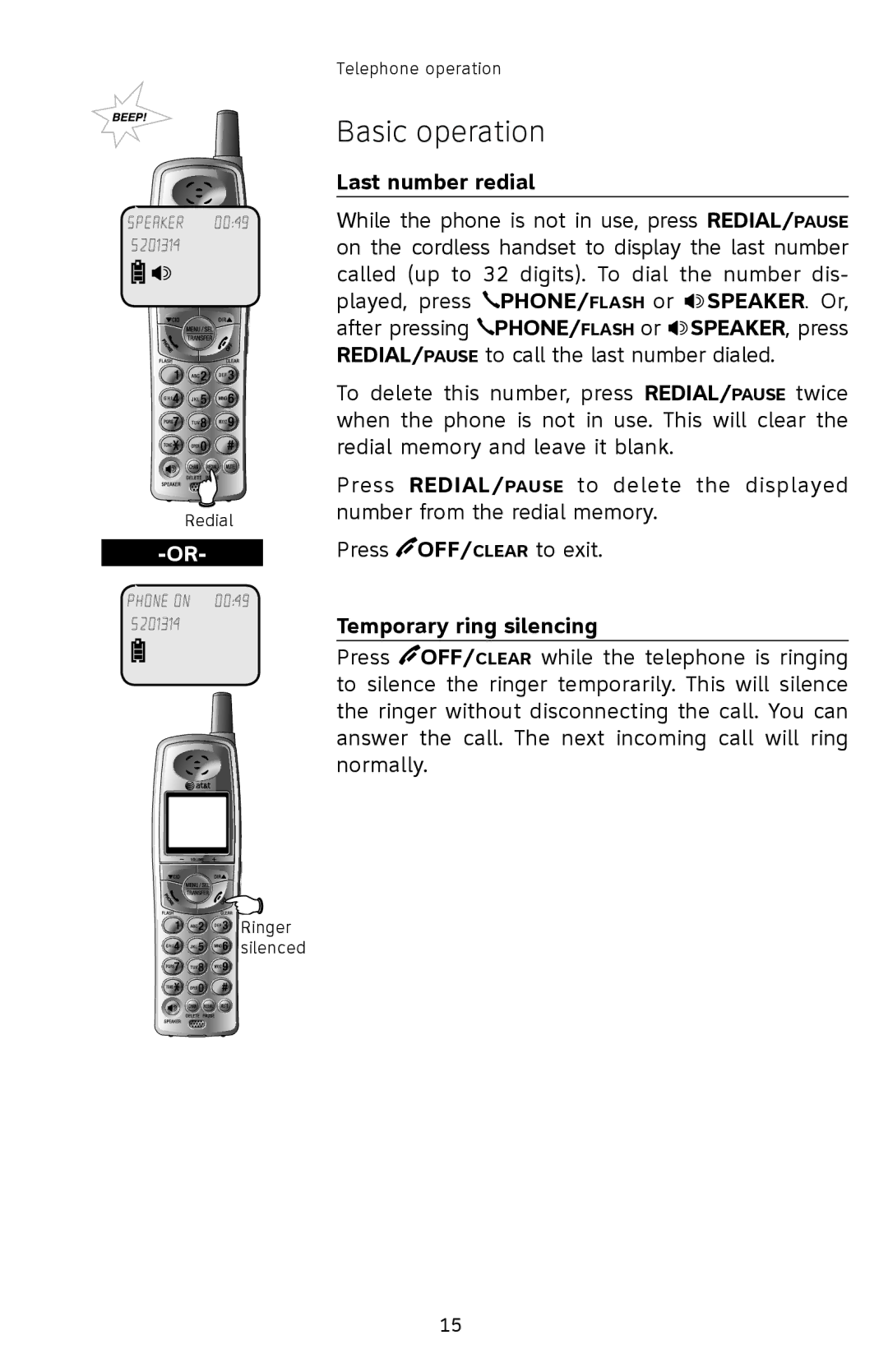 AT&T E5833B, E1833B, E1802B, E5802B user manual Last number redial, Temporary ring silencing 