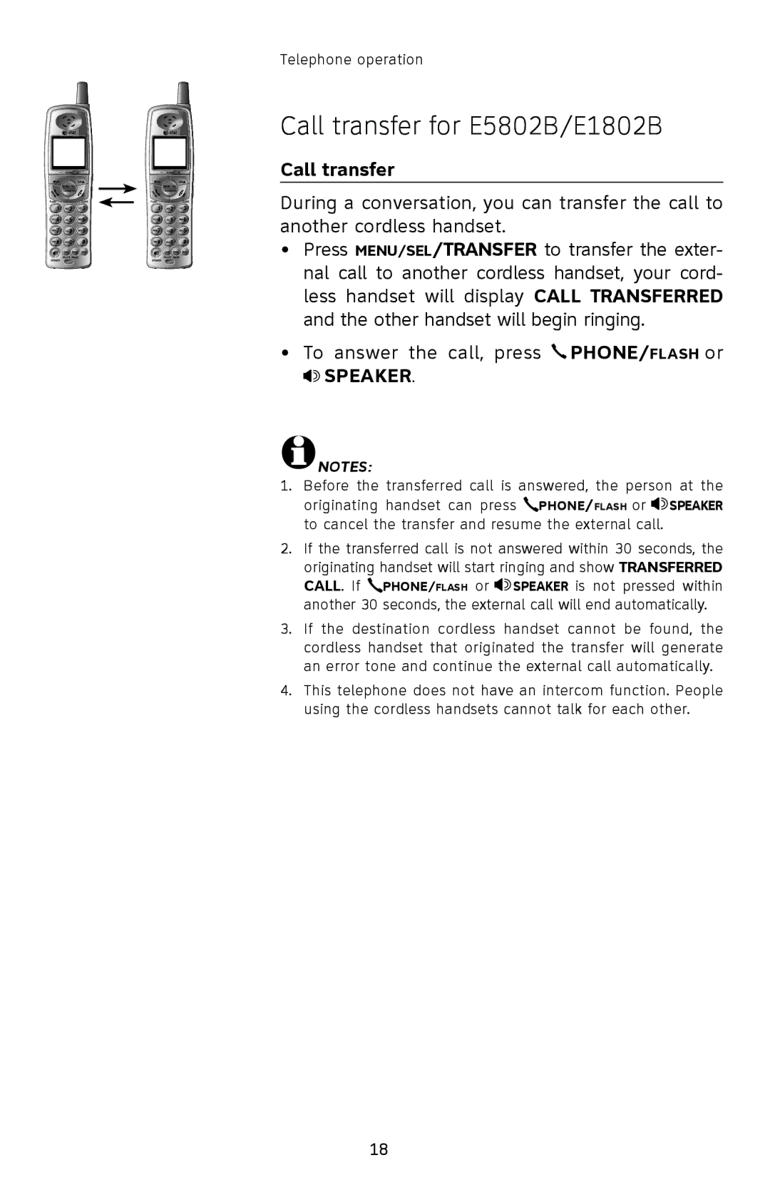 AT&T E1833B, E5833B user manual Call transfer for E5802B/E1802B 