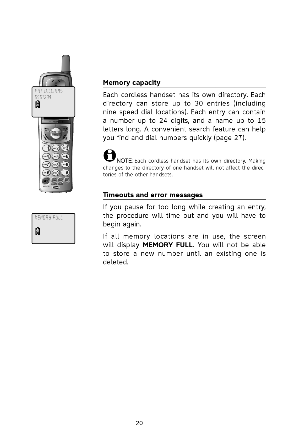 AT&T E5802B, E1833B, E1802B, E5833B user manual Directory, Memory capacity, Timeouts and error messages 