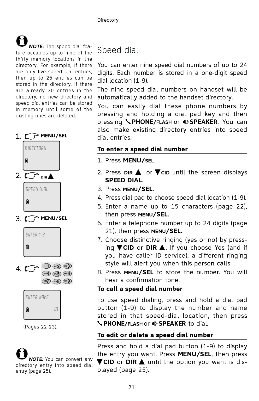 AT&T E1833B Speed dial, To enter a speed dial number, To call a speed dial number, To edit or delete a speed dial number 