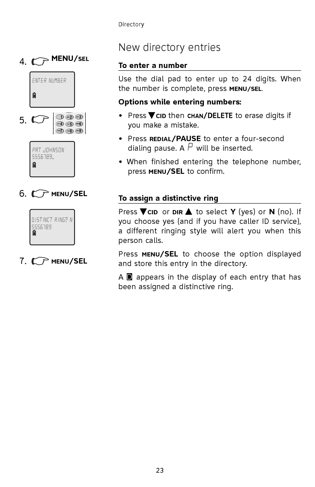 AT&T E5833B, E1833B, E1802B, E5802B To enter a number, Options while entering numbers, To assign a distinctive ring 