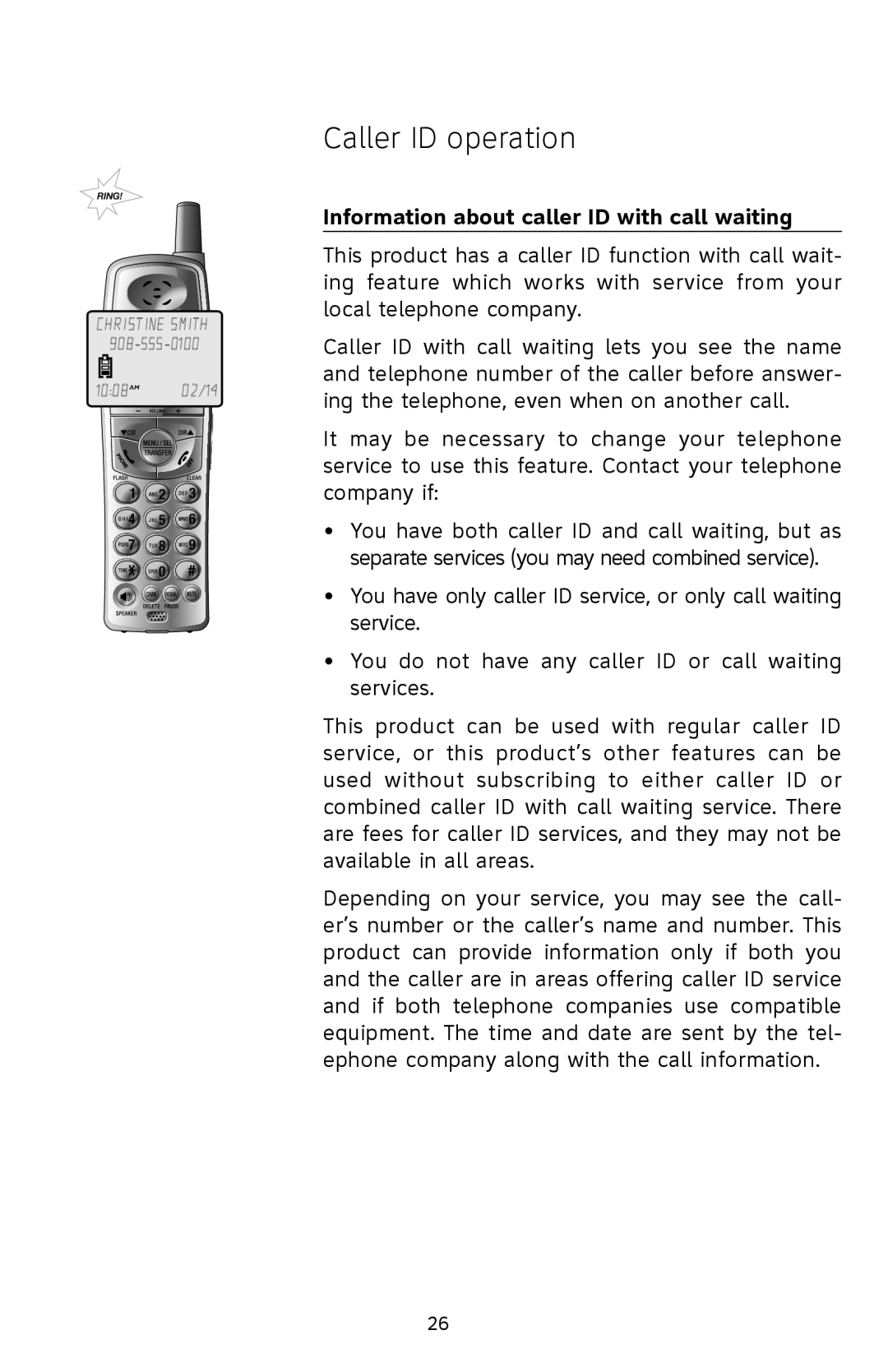 AT&T E1802B, E1833B, E5833B, E5802B user manual Caller ID operation, Information about caller ID with call waiting 