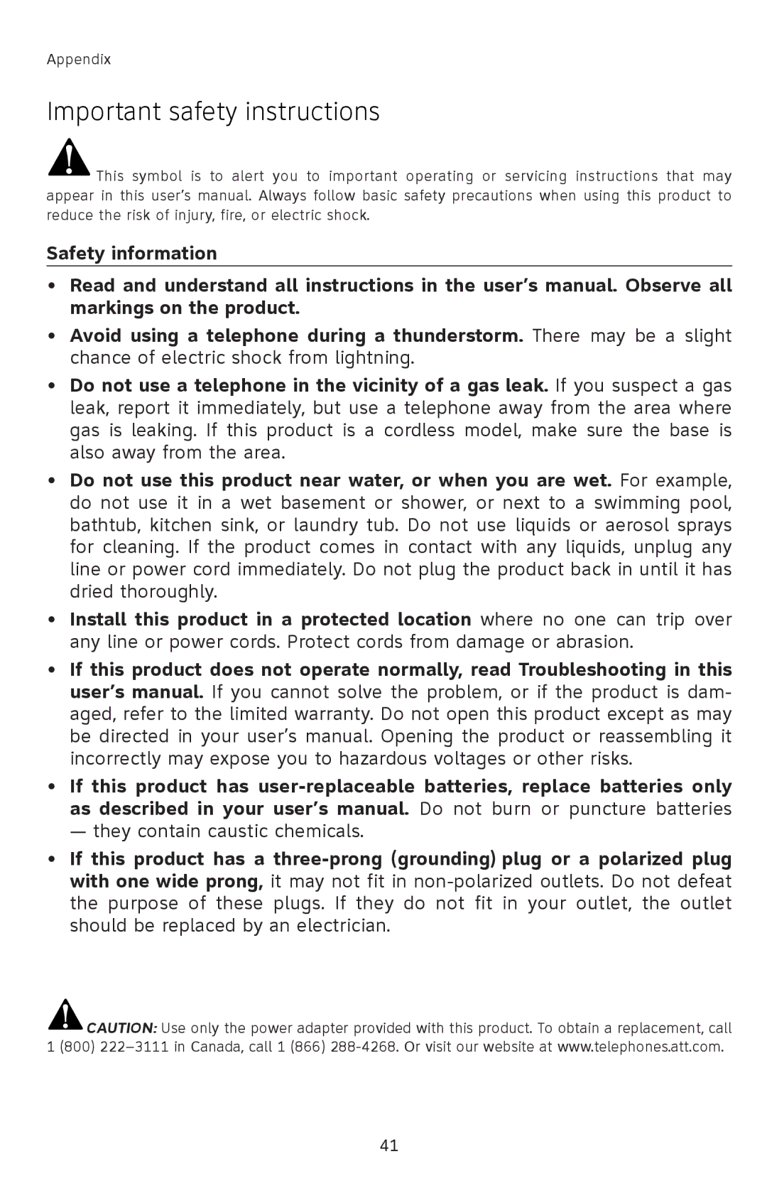 AT&T E1833B, E1802B, E5833B, E5802B user manual Important safety instructions 